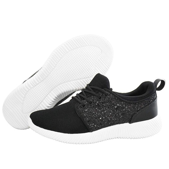 Black Glitter Athletic Gym Fly Knit Sneakers - Picture 1 of 4